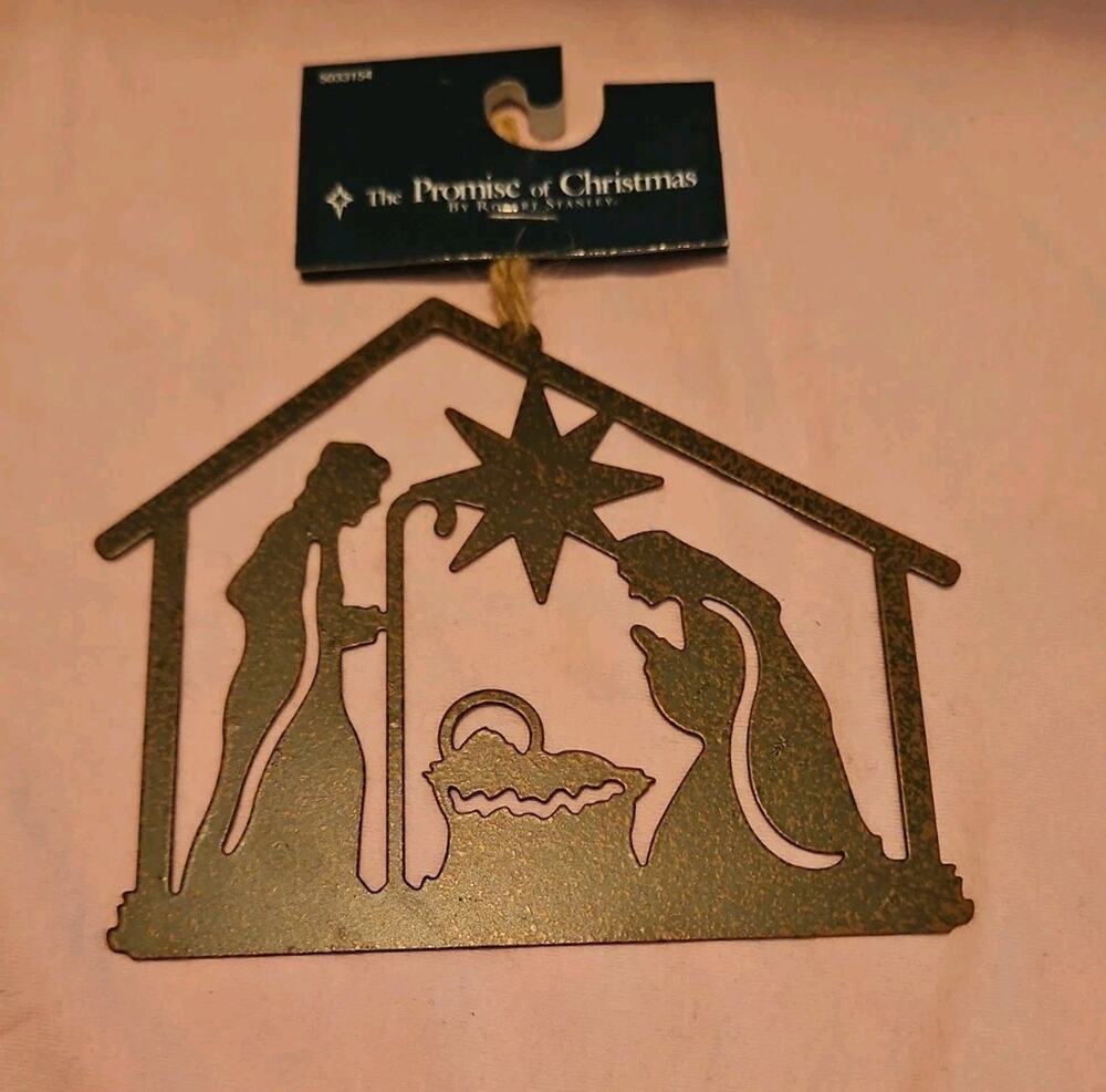 Nativity Manger Scene Ornament Rustic Metal Laser Cut 5 1/2" Wide NWT